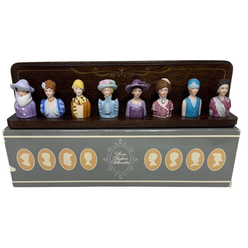 VTG Avon Fashion Silhouettes Thimble Set Multicolor Porcelain Figurines Box